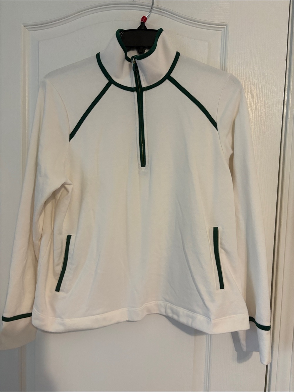 crown & ivy White Pullover with Green Trim and Gold Zip